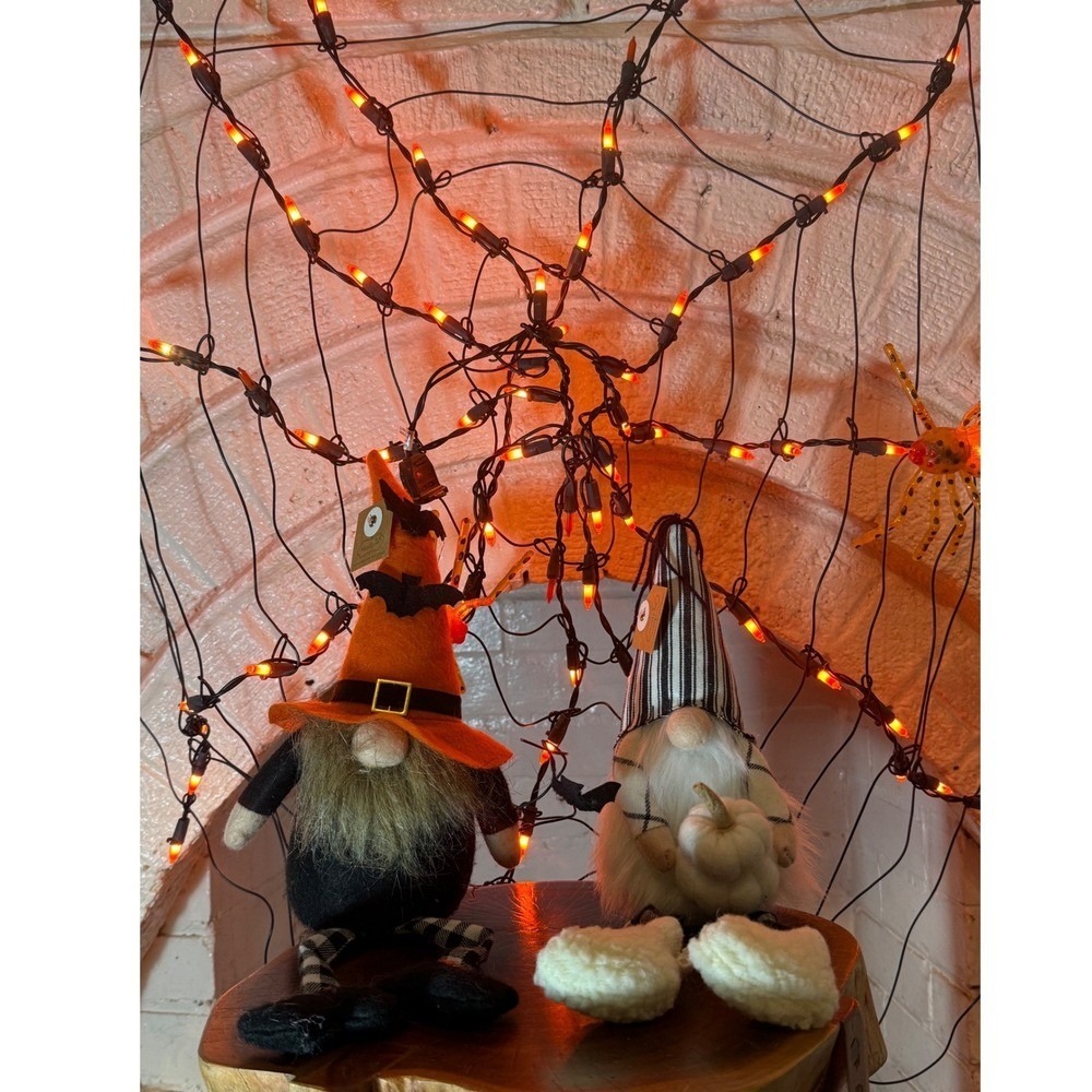 Set of TWO Mud Pie Orange and Black Halloween Gnomes 2021 & 2022 Spooky Bats EUC